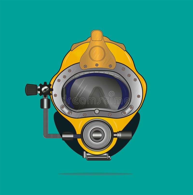 Yellow Diving helmet vector drawing on a sea green background. Yellow Diving helmet vector drawing on a sea green background