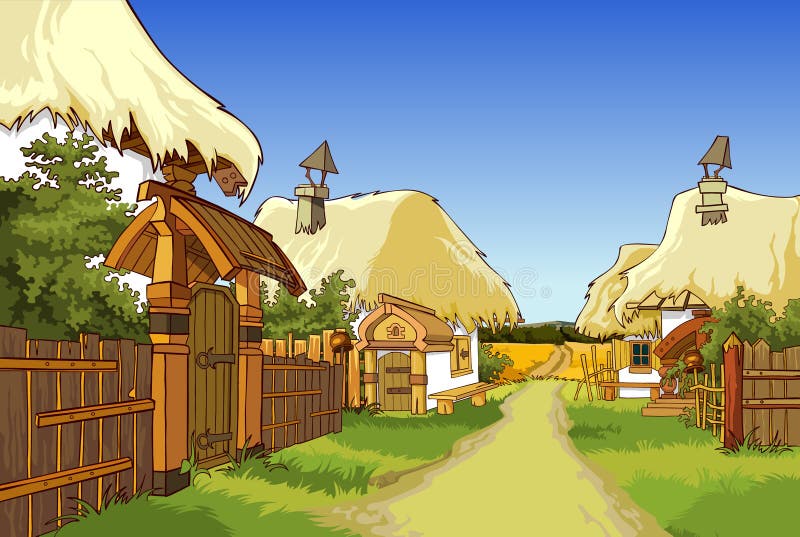 Cartoon village street with houses in the summer. Cartoon village street with houses in the summer