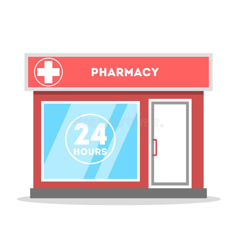 Via della città della farmacia che sviluppa vista frontale esteriore illustrazione di stock Via della città della farmacia che sviluppa vista frontale esteriore illustrazione di stock