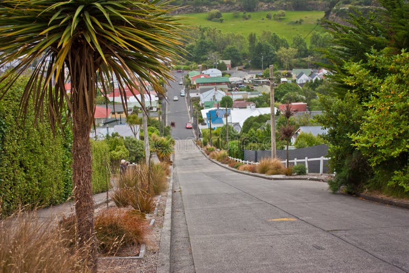 Via di Baldwin a Dunedin come la via più ripida dei mondi, Nuova Zelanda fotografie stock libere da diritti Via di Baldwin a Dunedin come la via più ripida dei mondi, Nuova Zelanda fotografie stock libere da diritti