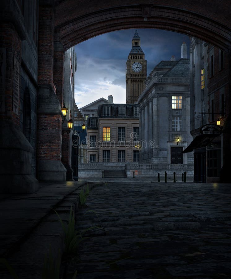 Via di Londra alla notte con le costruzioni del XIX secolo della città