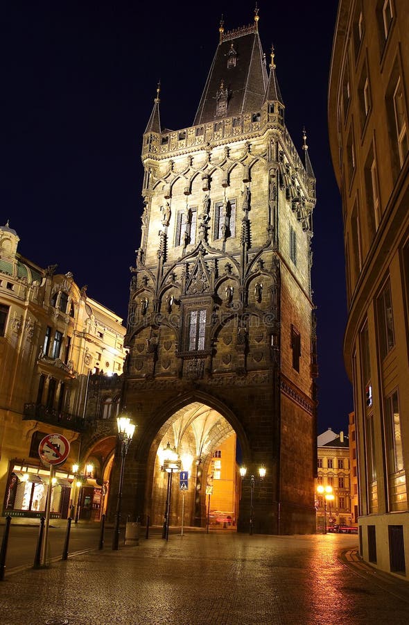 View of Gunpowder tower in Prague,at night. View of Gunpowder tower in Prague,at night