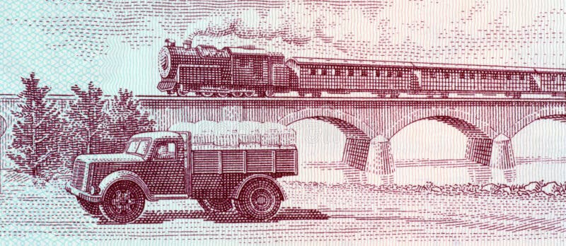 Truck and steam passenger train crossing viaduct on 5 leke 1976 banknote from Albania. Truck and steam passenger train crossing viaduct on 5 leke 1976 banknote from Albania