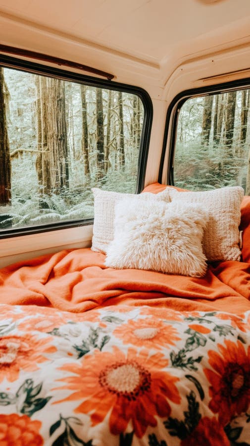 Viaggia all'interno con lettiera vivace e vista foresta attraverso vaste finestre ai immagine stock libera da diritti