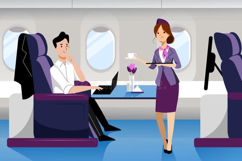 Viaggio dell'uomo in aeroplano nel Business class Illustrazione piana del fumetto di vettore Interno piano con il sedile comodo