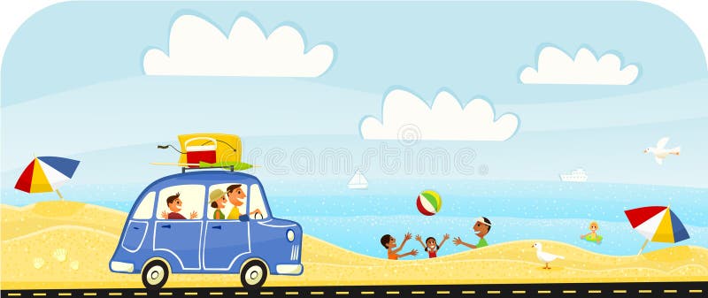 A Caucasian family going to the beach, while an African American or Indian family plays on the sand. Fun in the sun, in Summer or on Spring Vacation!. A Caucasian family going to the beach, while an African American or Indian family plays on the sand. Fun in the sun, in Summer or on Spring Vacation!