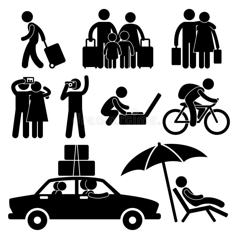 A set of pictogram representing family and couple going for holiday in a trip and vacation. A set of pictogram representing family and couple going for holiday in a trip and vacation.