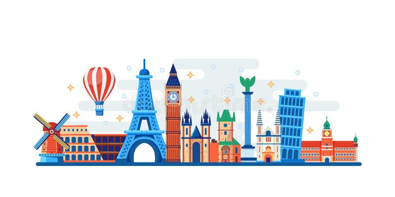 Viaggio famoso e punti di riferimento turistici Illustrazione piana di vettore Concetto di viaggio intorno al mondo Insegna orizz illustrazione vettoriale Viaggio famoso e punti di riferimento turistici Illustrazione piana di vettore Concetto di viaggio intorno al mondo Insegna orizz illustrazione vettoriale