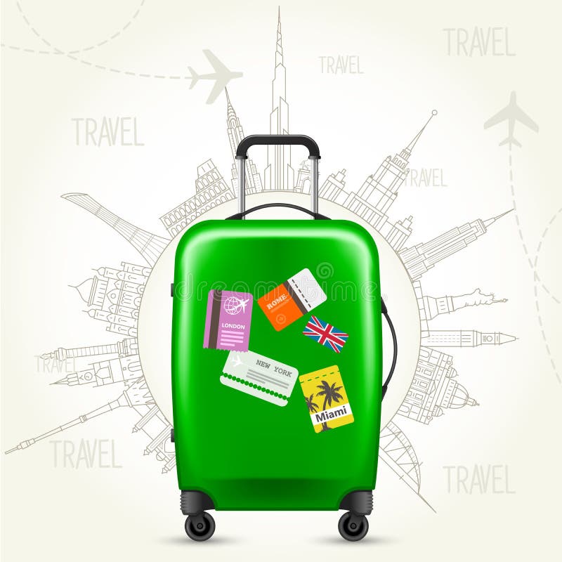 Viaggio intorno al mondo - viste del mondo e della valigia illustrazione vettoriale Viaggio intorno al mondo - viste del mondo e della valigia illustrazione vettoriale
