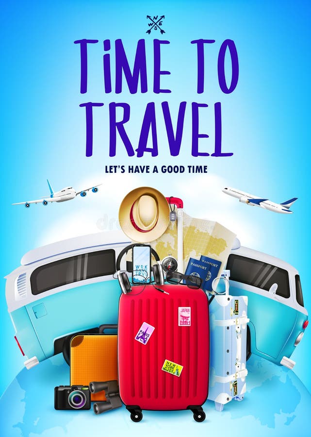 Viaggio o manifesto di turismo nel fondo blu con la borsa di viaggio realistica 3D, automobile, aeroplani royalty illustrazione gratis Viaggio o manifesto di turismo nel fondo blu con la borsa di viaggio realistica 3D, automobile, aeroplani royalty illustrazione gratis
