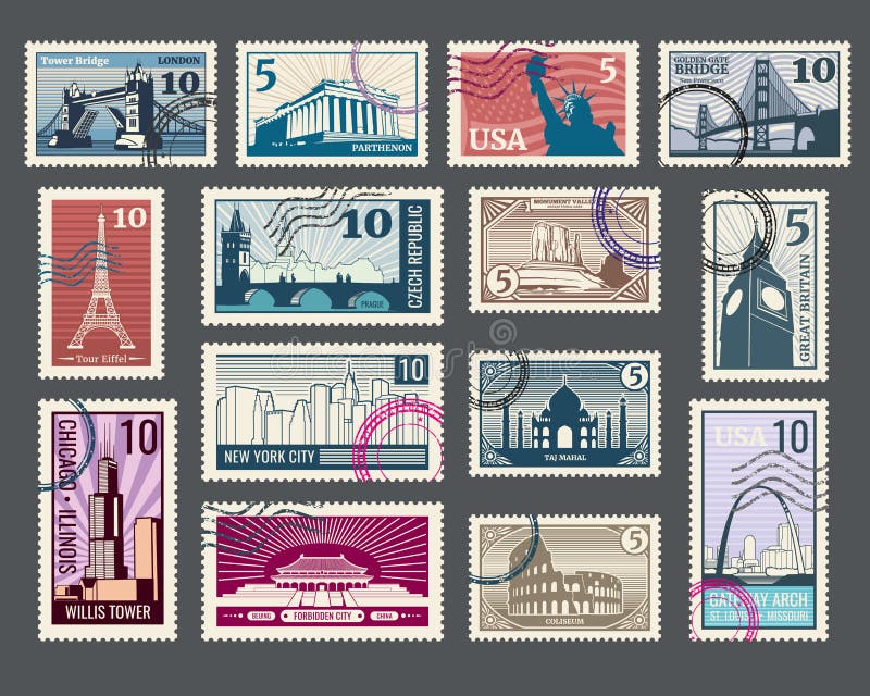 Viaggio, vacanza, francobollo con architettura e punti di riferimento del mondo