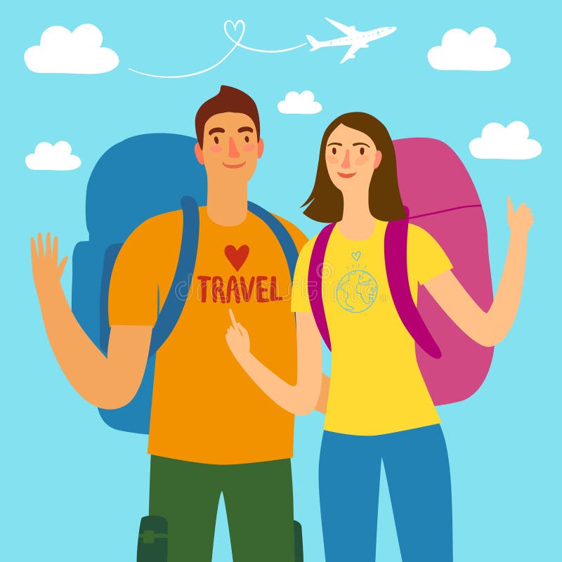 Cartoon travelers girl and boy with a large backpacks. Backpacker and traveling illustration. Cartoon travelers girl and boy with a large backpacks. Backpacker and traveling illustration.