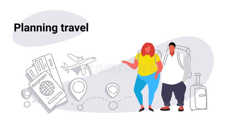 Viajantes obesos gordos da mulher do homem que estão junto povos planejando do conceito do curso dos pares excessos de peso com e ilustração royalty free Viajantes obesos gordos da mulher do homem que estão junto povos planejando do conceito do curso dos pares excessos de peso com e ilustração royalty free