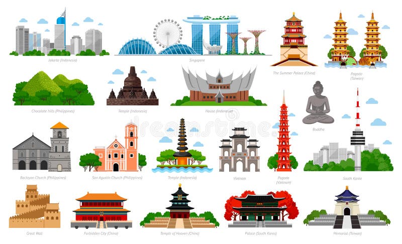 Viaje a Asia Singapur, Indonesia, Bali, China, Corea del Sur, Taiwán, Vietnam stock de ilustración Viaje a Asia Singapur, Indonesia, Bali, China, Corea del Sur, Taiwán, Vietnam stock de ilustración
