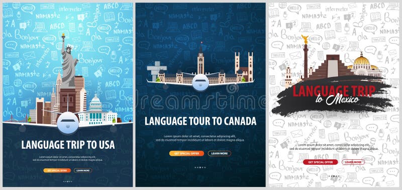 Viaje de la lengua, viaje, viaje a los E.E.U.U., Canadá, México Aprendizaje de idiomas Ejemplo del vector con garabato del mano-d libre illustration Viaje de la lengua, viaje, viaje a los E.E.U.U., Canadá, México Aprendizaje de idiomas Ejemplo del vector con garabato del mano-d libre illustration