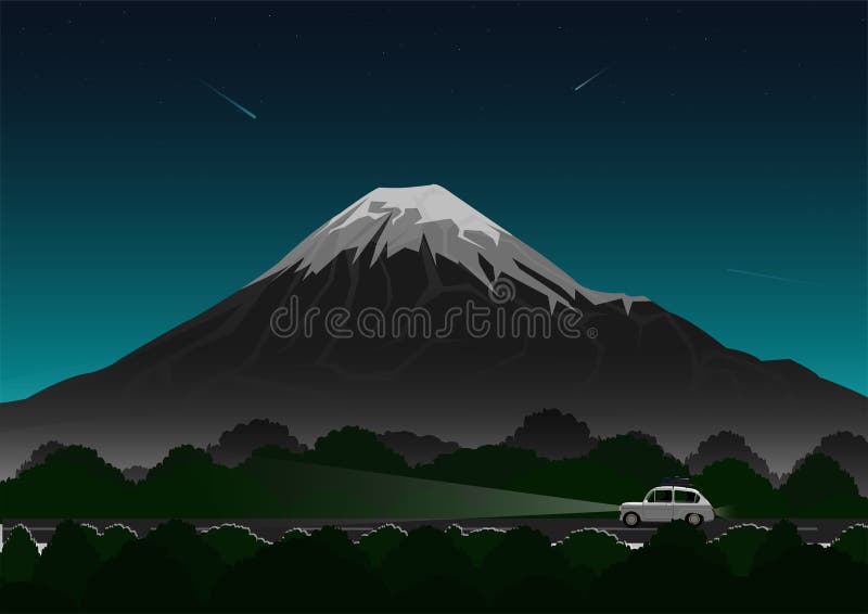 Viaje del viaje por carretera, el viajar de coche a través de bosques y volcán, en la noche con el cielo y las estrellas stock de ilustración Viaje del viaje por carretera, el viajar de coche a través de bosques y volcán, en la noche con el cielo y las estrellas stock de ilustración