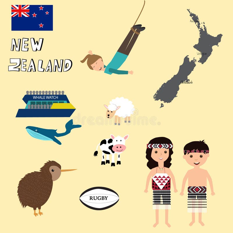 Viaje Nueva Zelanda con el mapa, ballena que mira, salto bungy libre illustration Viaje Nueva Zelanda con el mapa, ballena que mira, salto bungy libre illustration