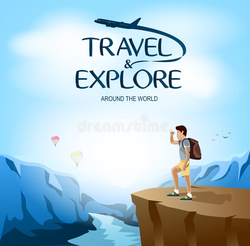 Viaje y explore en todo el mundo con el sitio del hombre del viajero que ve en el acantilado