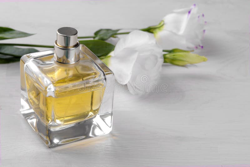 Vial of perfume and white flowers of eustoma on a white wooden background stock photo