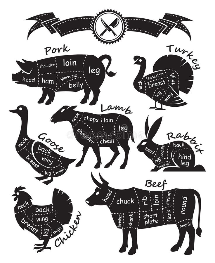 Monochrome diagram guide for cutting meat. Monochrome diagram guide for cutting meat