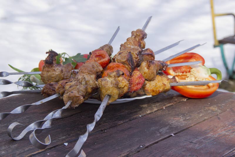 Viande sur des brochettes frites sur le gril image stock Viande sur des brochettes frites sur le gril image stock