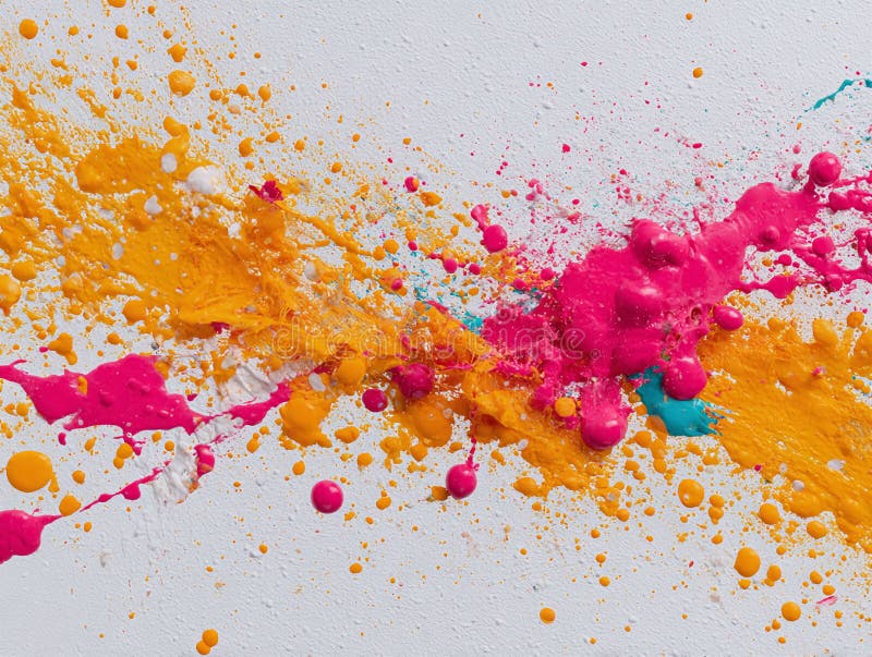 Vibrant abstract art featuring dynamic splashes of pink, yellow, and teal paint on a textured white background stock illustration