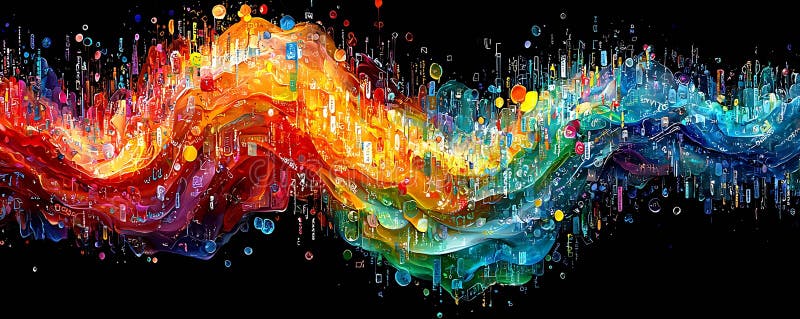 Vibrant, abstract artwork depicting a dynamic flow of information and data, visualized as colorful waves and cityscapes stock illustration