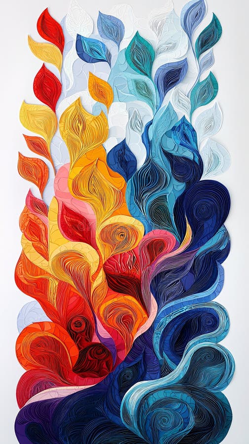 Abstract Flame and Water. A vibrant, abstract artwork featuring flowing, wave-like patterns in a spectrum of colors, transitioning from fiery reds and oranges to deep blues and purples, creating a dynamic and visually striking composition.