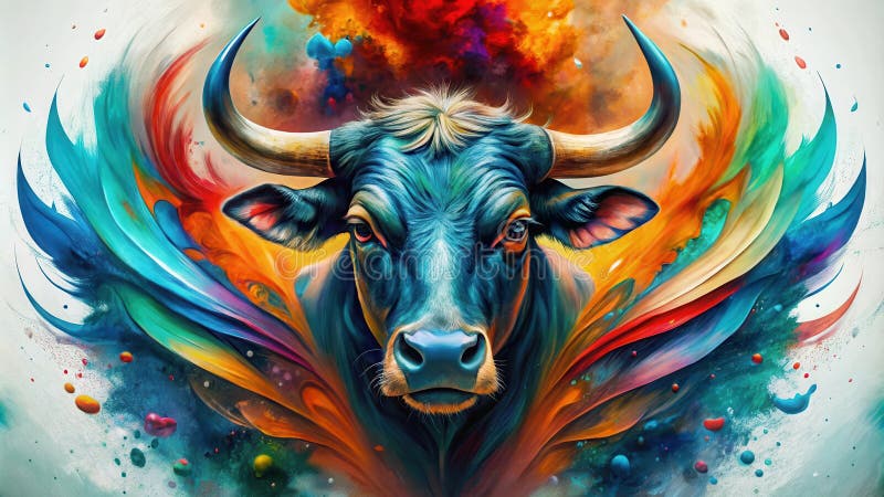 Vibrant abstract bull portrait with colorful swirls and splashes. Generative AI royalty free illustration