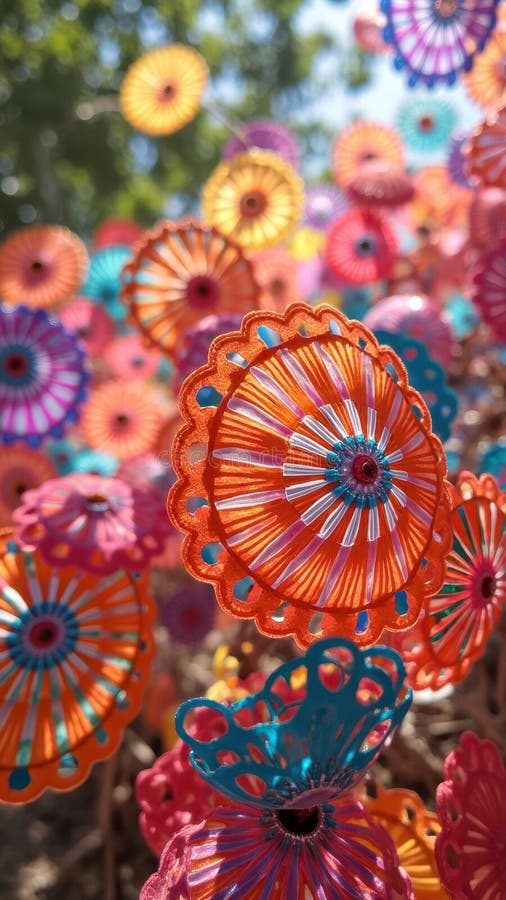 Vibrant abstract close-up of colorful circular patterns in outdoor garden setting stock illustration