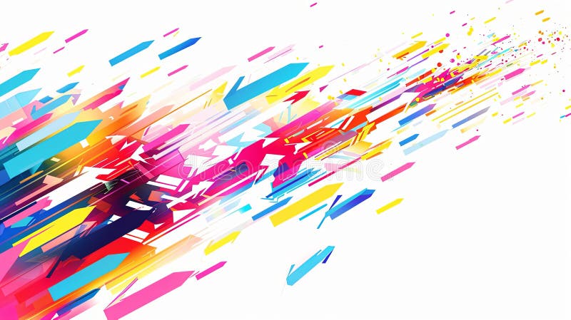 Vibrant and Abstract Colorful Arrow Burst Design Against White Background. A burst of colorful arrows, overlapping dynamically on a pure white background, creates a sense of direction and movement. The minimalist design emphasizes the arrows, which are vibrant and energetic