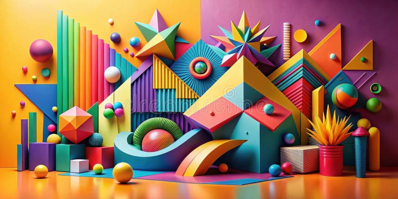 Vibrant abstract composition of interlocking geometric forms and spheres in a bold color palette. Generative AI. A concept-driven illustration that blends creativity with clarity.