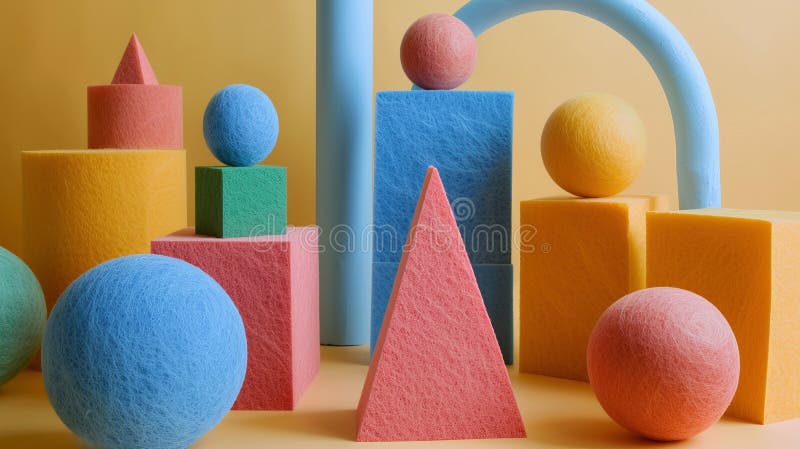 Vibrant abstract composition with soft geometric shapes 3d rendering image, royalty free illustration.