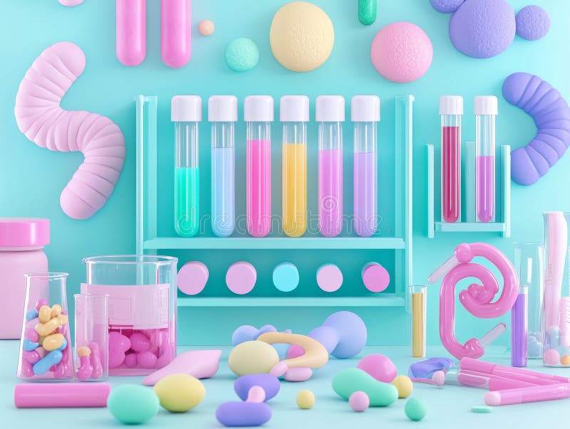 A vibrant, abstract depiction of DNA and cell structures in a laboratory. vector illustration