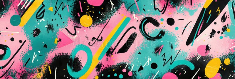 Vibrant abstract design with bold colors and dynamic shapes inspired by 80s retro pop art and graffiti aesthetic