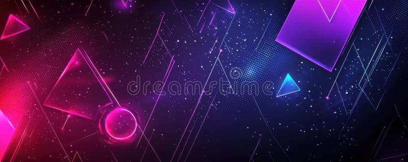 Vibrant Abstract Design With Neon Triangles And Circular Elements. A visually dynamic abstract composition featuring glowing neon triangular and circular shapes against a dark background. The vibrant purple and pink tones combined with subtle gradients and particles create a sense of depth and energy. Perfect for creative projects, modern art backdrops, and futuristic designs. AI generated
