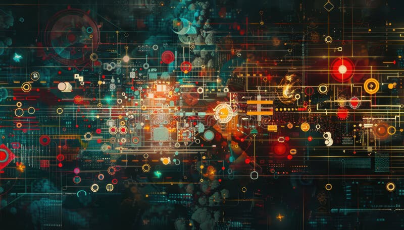 Design digital abstract cu culori vibrante și forme geometrice cu tipare interconectate și elemente de date stock images