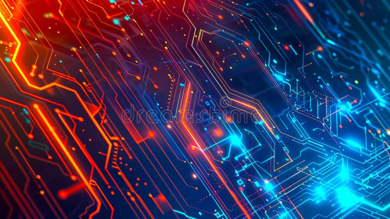 Vibrant abstract digital circuit board in bright red and blue colors, showcasing modern technology. High-tech theme stock photos