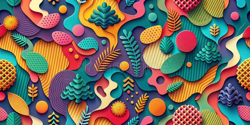 Vibrant abstract floral and geometric layered pattern design. Generative AI stock illustration