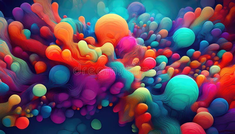 Vibrant Abstract Futurism A Dazzling Spectacle of Multihued Blobs in a Denser Than Dense Dimension, Illustrating the Power and stock illustration