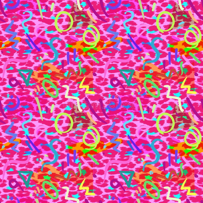 A vibrant, abstract geometric pattern in Memphis style featuring bold colors, dynamic shapes, and playful textures royalty free illustration