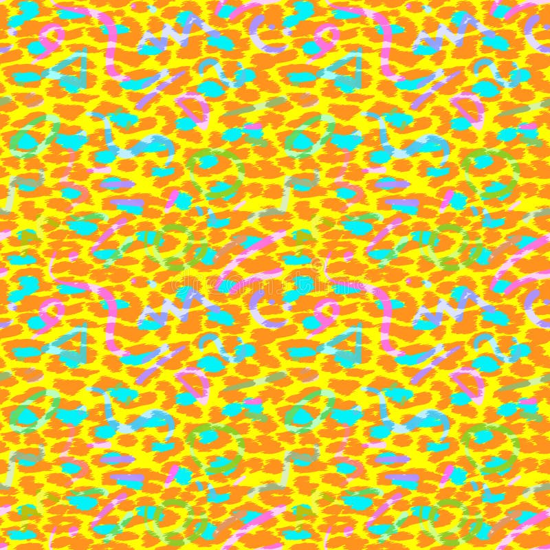 A vibrant, abstract geometric pattern in Memphis style featuring bold colors, dynamic shapes, and playful textures stock illustration