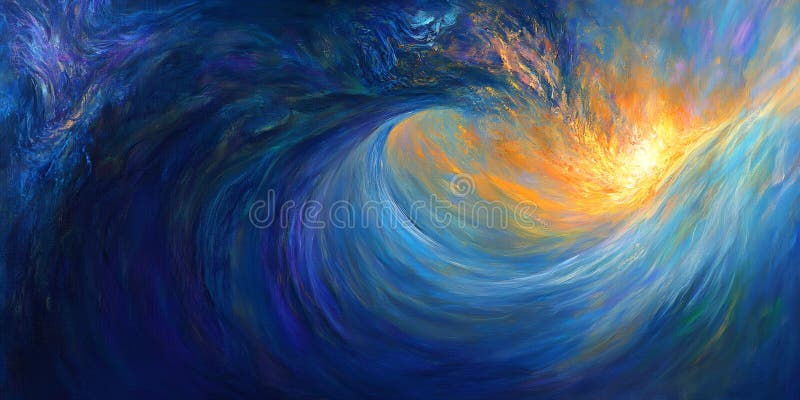 Vibrant abstract painting capturing dynamic ocean wave, blending blue, gold, silver hues into swirling, energetic visual stock illustration