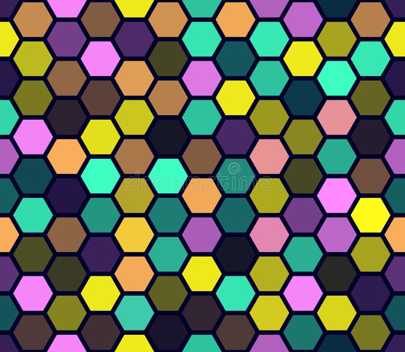 A vibrant abstract pattern featuring interlocking hexagons in a variety of bright colors creating a honeycomb-like structure. royalty free illustration