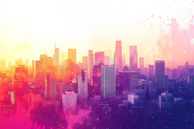 Vibrant abstract pixel art is used to create a futuristic digital cityscape stock photography