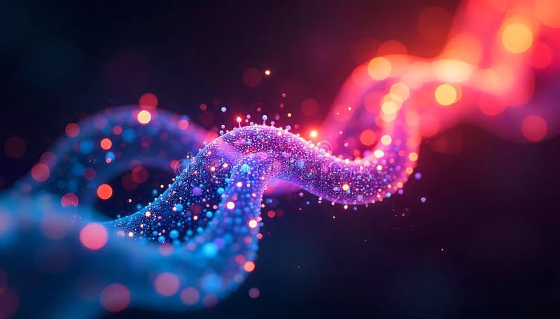 A vibrant abstract rendering of a dna strand with glowing particles and a dark blurred background royalty free illustration