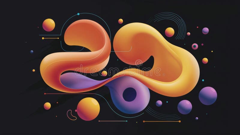 Abstract rendering with orange and yellow fluid shapes and purple spheres on black stock illustration