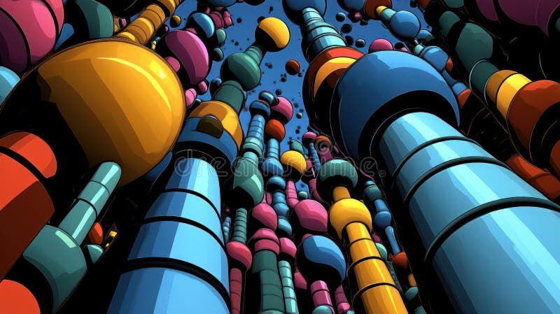 A vibrant, abstract representation of colorful cylindrical structures reaching upwards stock illustration