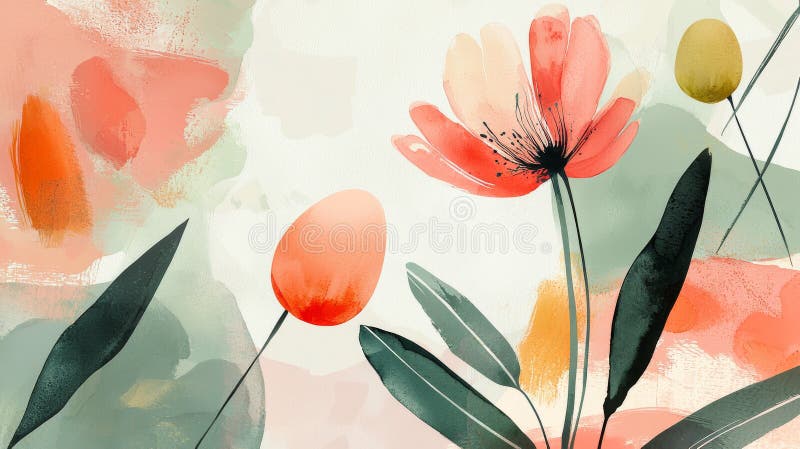 Vibrant abstract watercolor illustration background with easter theme featuring colorful flowers and eggs stock image