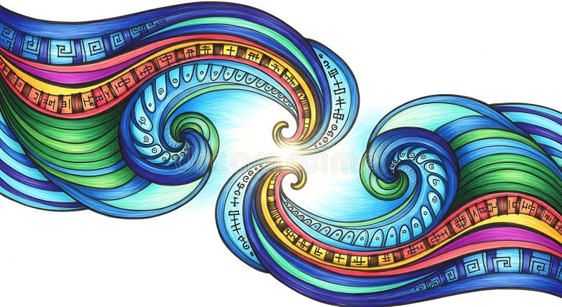 An eye-catching abstract art features two mirroring wave designs, showcasing blue, green, red, yellow, and purple stripes. The artwork includes intricate patterns and handwritten symbols, creating a captivating visual experience. Handwritten symbols illustrations